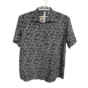 Raw Projek Button Up Shirt XL Blue Brown Palm Leaves Casual Tropical‎